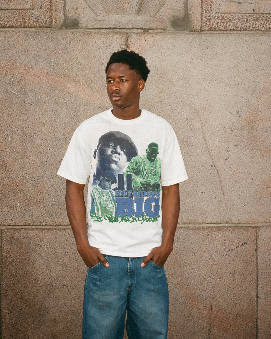 Model wearing the Notorious B.I.G. Dream tee in white