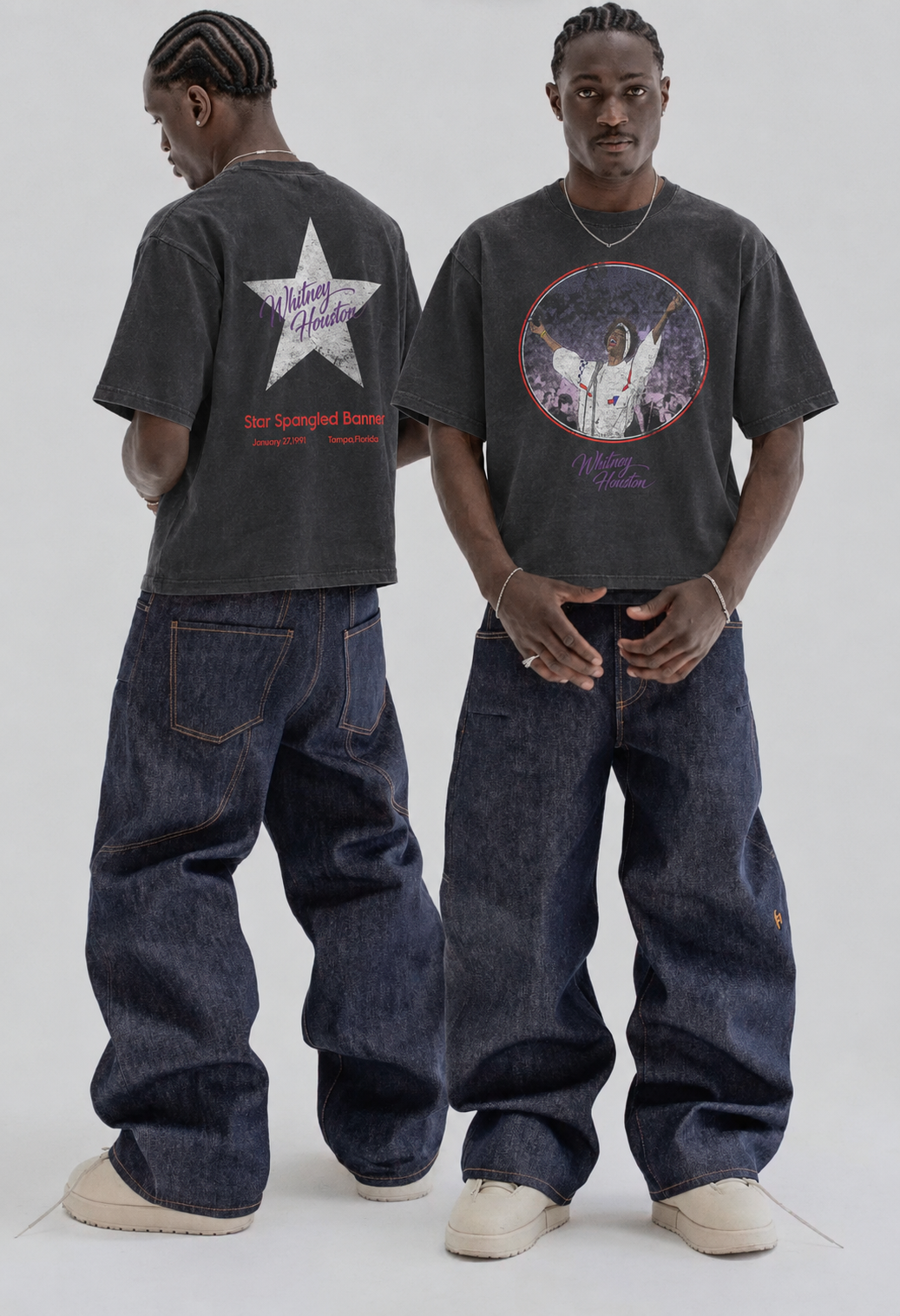 Models wearing the Whitney Houston Star Spangled tee, front and back