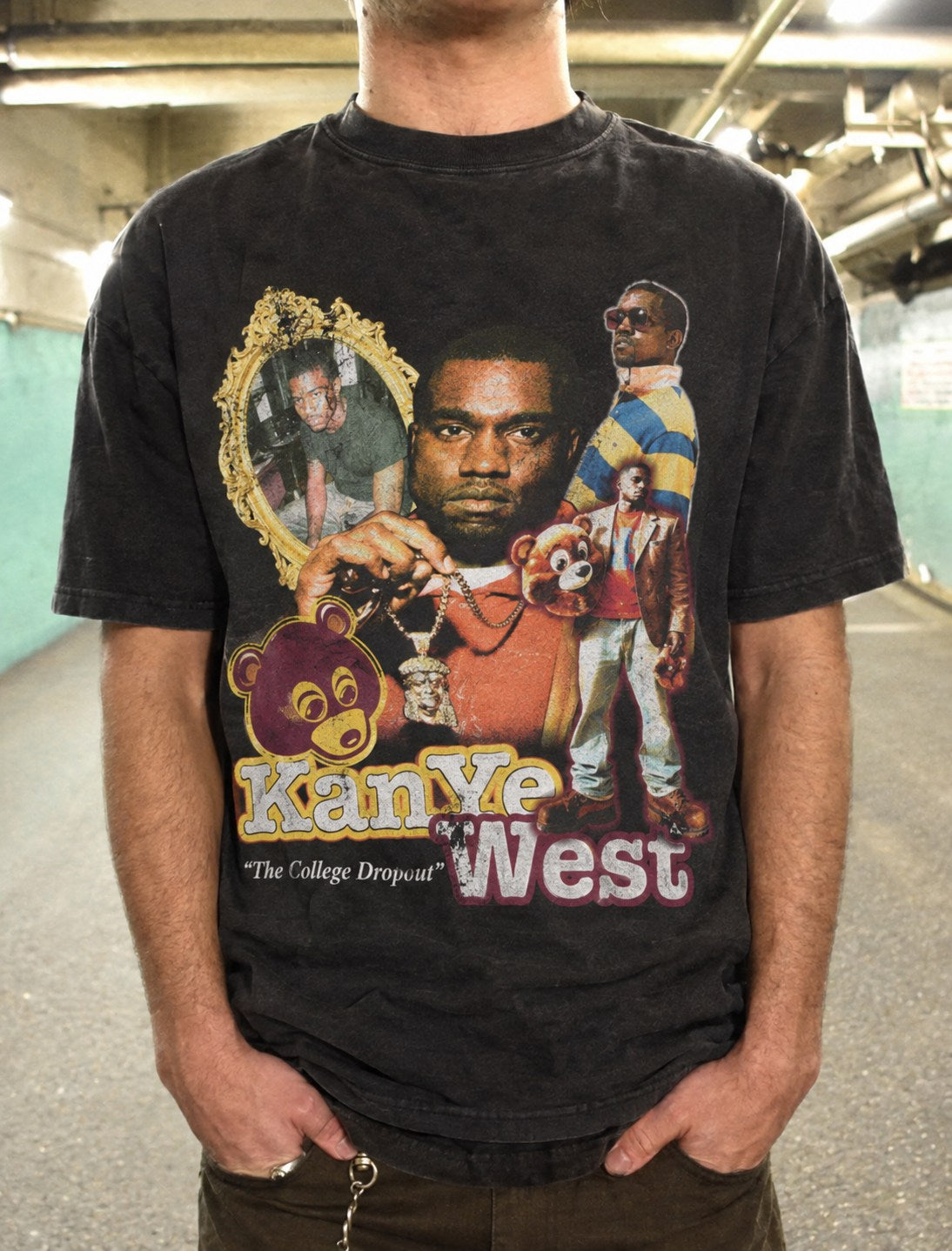 Model wearing the Kanye West College Dropout tee